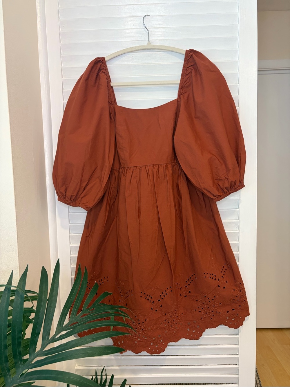 Mango 100% Cotton Rust Puff Sleeve Mini Dress with Eyelet Detail Size U.S. 2